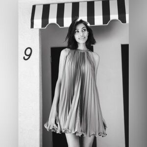 Mac Duggal Pink Pleated Halter Neck Flowy Mini Trapeze Dress 49636